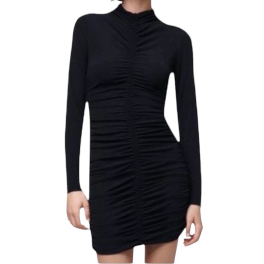 NWT Zara Sz S Cotton Bodycon Ruched Long Sleeve Mock Neck Dress Black